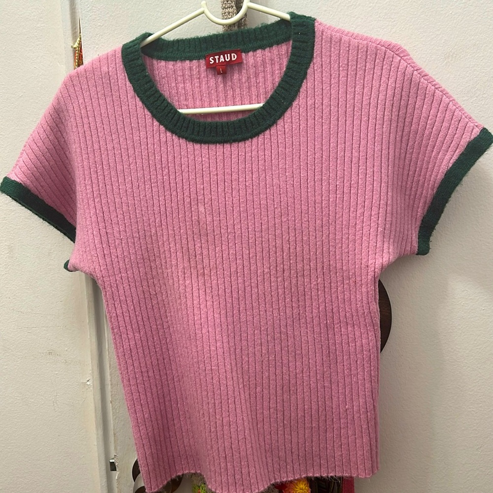STAUD size L short sleeve pink and green sweater. Very chic